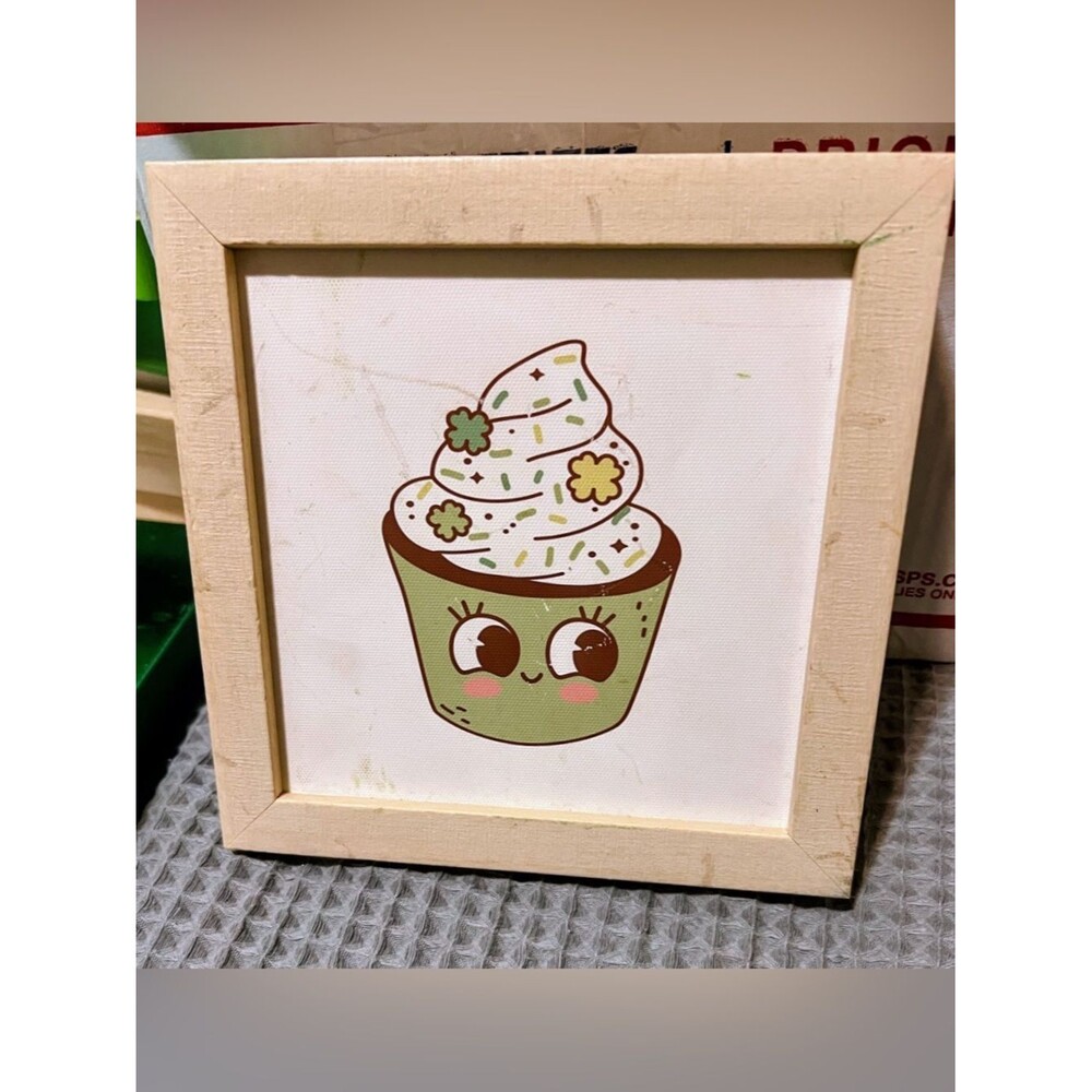 Cupcake Kawaii Wall Art Framed Shamrock Clover Decor Green Sign